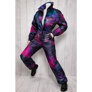 Vintage 80s 90s Neon Splatter Abstract Snowsuit One Piece Apres Ski, sz Small